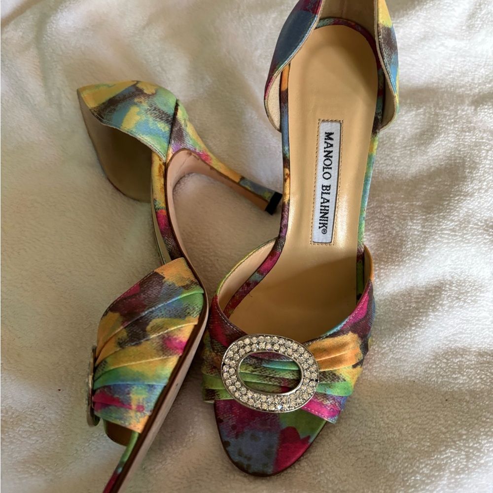 Vintage Manolo Blahnik Satin and Rhinestone Heels Multicolor